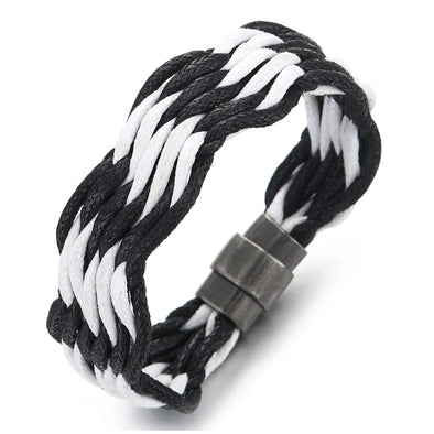 Mens Womens Sailing Marine White Black Braided Cotton Rope Bangle Bracelet with Magnetic Clasp - COOLSTEELANDBEYOND Jewelry