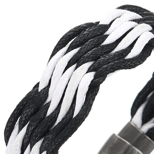 Mens Womens Sailing Marine White Black Braided Cotton Rope Bangle Bracelet with Magnetic Clasp