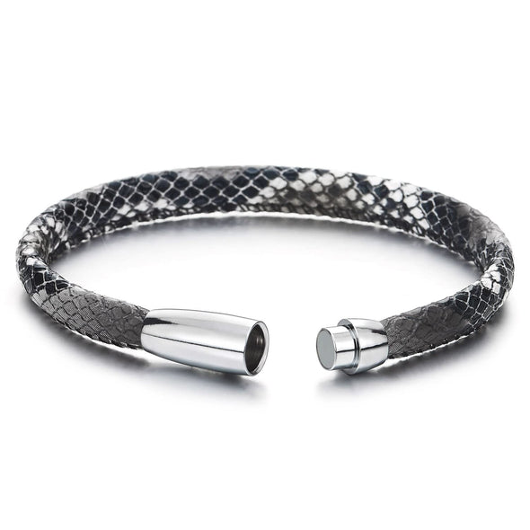 Mens Womens Snakeskin Pattern Leather Bangle Bracelet with Magnetic Clasp - COOLSTEELANDBEYOND Jewelry