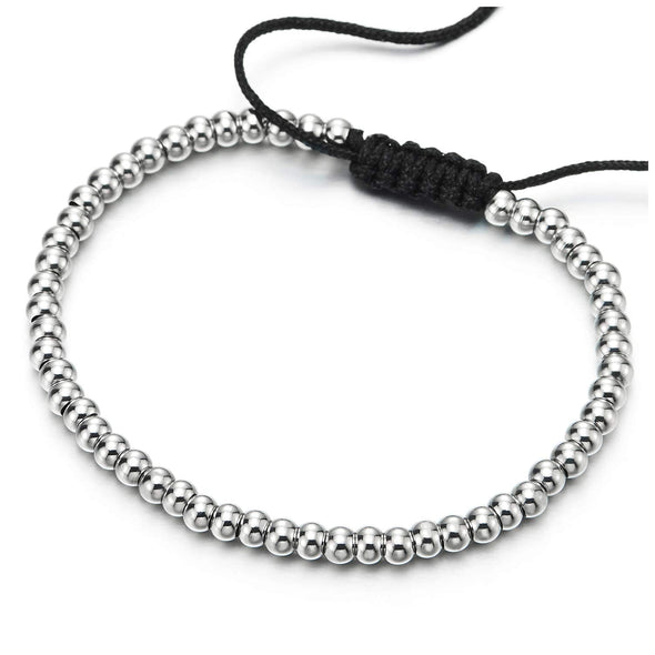 Mens Womens Stainless Steel Beads Chain Bracelet with Black Braided Cotton, Adjustable