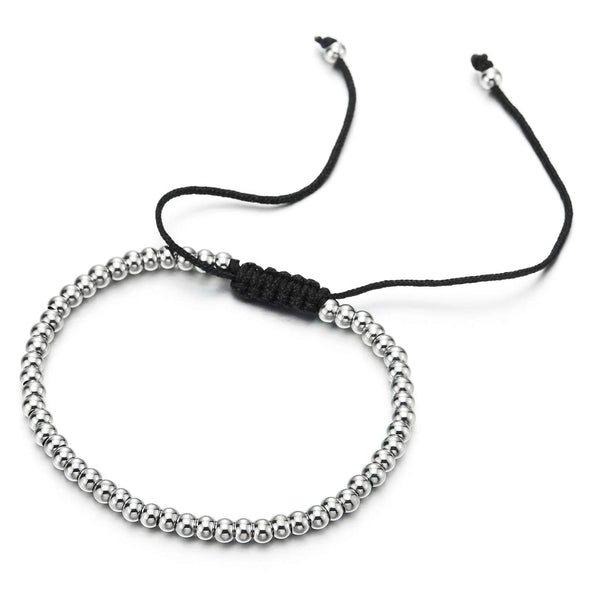Mens Womens Stainless Steel Beads Chain Bracelet with Black Braided Cotton, Adjustable
