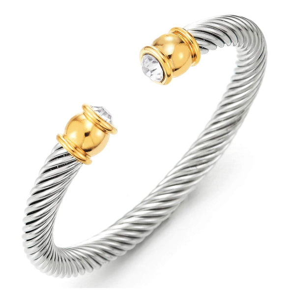 Mens Womens Stainless Steel Twisted Cable Cuff Bangle Bracelet with 6MM Cubic Zirconia, Adjustable - coolsteelandbeyond