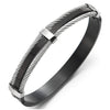 Mens Womens Stainless Steel Oval Bangle Bracelet with Twisted Cable, Silver Black Two-Tone Polished - coolsteelandbeyond