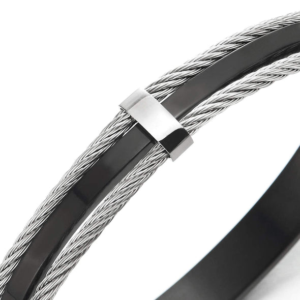 Mens Womens Stainless Steel Oval Bangle Bracelet with Twisted Cable, Silver Black Two-Tone Polished - coolsteelandbeyond