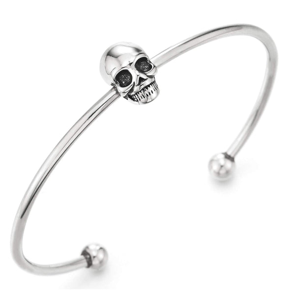 Mens Womens Stainless Steel Slim Cuff Bangle Bracelet with Skull and Bead Charms, Polished - coolsteelandbeyond