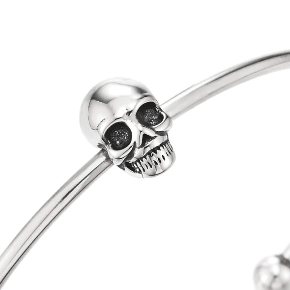 Mens Womens Stainless Steel Slim Cuff Bangle Bracelet with Skull and Bead Charms, Polished - coolsteelandbeyond