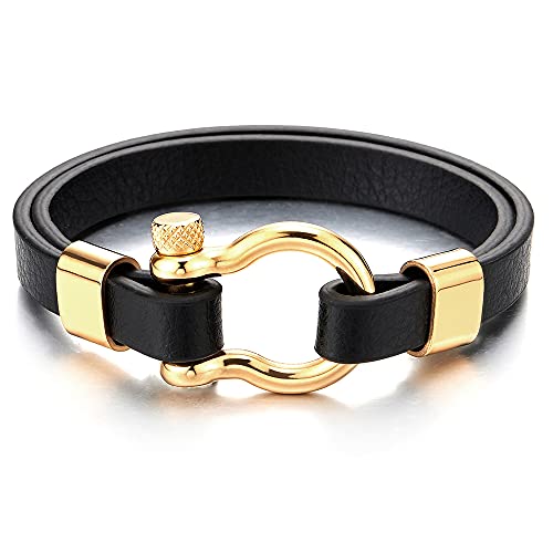 COOLSTEELANDBEYOND Stainless Steel Gold Anchor Shackle Leather Bracelet - 8.07 Inch Nautical Sailor Bracelet For Men & Women - View #7