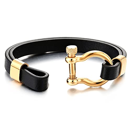 Mens Womens Steel Gold Color Screw Anchor Shackles Two-row Black Leather Bracelet, Nautical Sailor - COOLSTEELANDBEYOND Jewelry