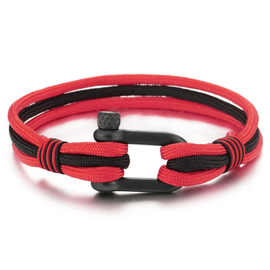 Mens Womens Steel Screw Anchor Shackles Nautical Sailor Black and Red Rope Wrap Bracelet Wristband - COOLSTEELANDBEYOND Jewelry