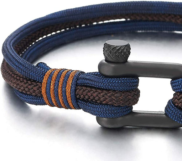 Mens Womens Steel Screw Anchor Shackles Nautical Sailor Black Braided Rope Cord Wrap Bracelet - COOLSTEELANDBEYOND Jewelry