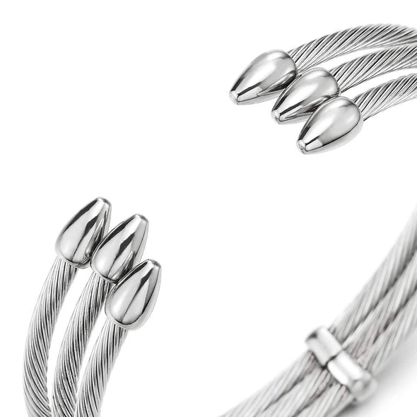 Mens Womens Steel Three-row Twisted Cable Adjustable Cuff Bangle Bracelet with Cone Bead Charm - coolsteelandbeyond