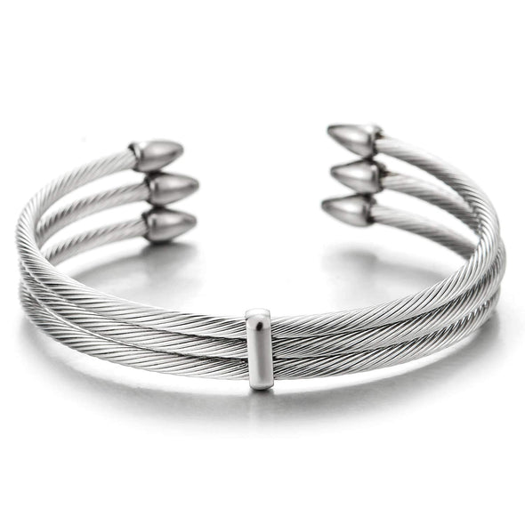 Mens Womens Steel Three-row Twisted Cable Adjustable Cuff Bangle Bracelet with Cone Bead Charm - coolsteelandbeyond