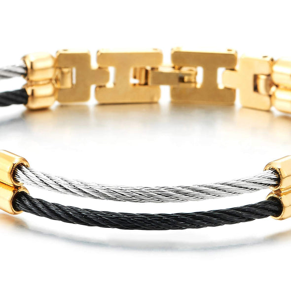 Mens Womens Steel Two-row Twisted Cable Bangle Bracelet with Charms, Silver Gold Black - coolsteelandbeyond
