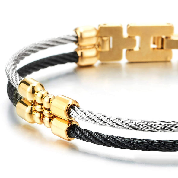 Mens Womens Steel Two-row Twisted Cable Bangle Bracelet with Charms, Silver Gold Black - coolsteelandbeyond