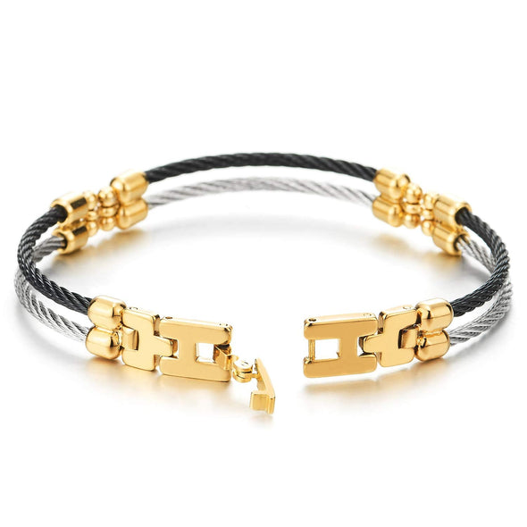 Mens Womens Steel Two-row Twisted Cable Bangle Bracelet with Charms, Silver Gold Black - coolsteelandbeyond
