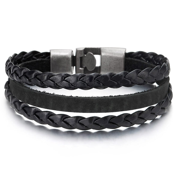 Mens Womens Three Strands Braided Black Leather Bangle Bracelet with Hook Buckle Clasp