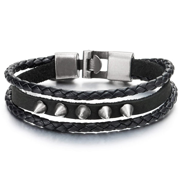 Mens Womens Three Strands Braided Black Leather Bangle Bracelet with Rivets Hook Buckle Clasp - COOLSTEELANDBEYOND Jewelry