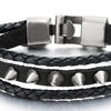 Mens Womens Three Strands Braided Black Leather Bangle Bracelet with Rivets Hook Buckle Clasp - COOLSTEELANDBEYOND Jewelry