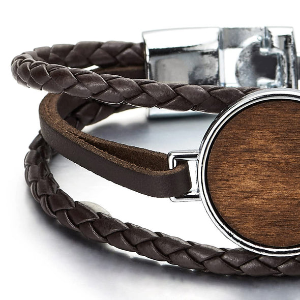 Mens Womens Three Strands Braided Brown Leather Bangle Bracelet Wood Disc Circle Hook Buckle Clasp - COOLSTEELANDBEYOND Jewelry