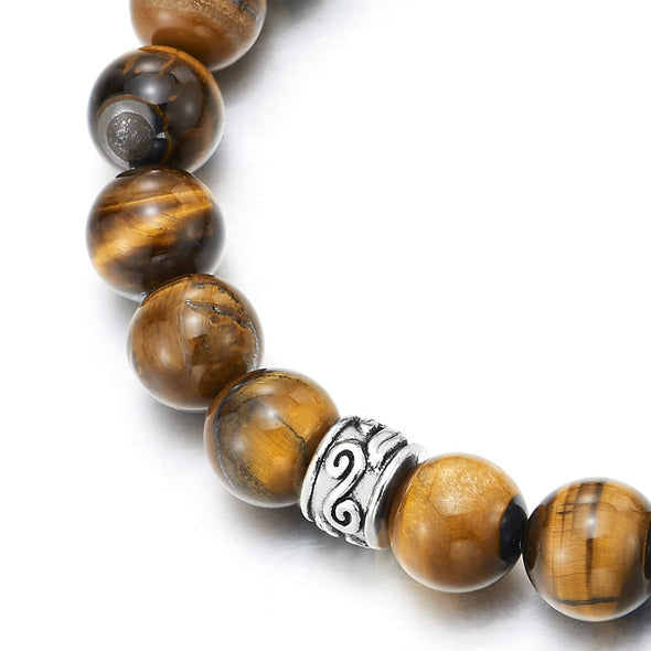 Mens Womens Tiger Eye Beads Bracelet with 4 Tribal Beads Charm, Stretchable - COOLSTEELANDBEYOND Jewelry