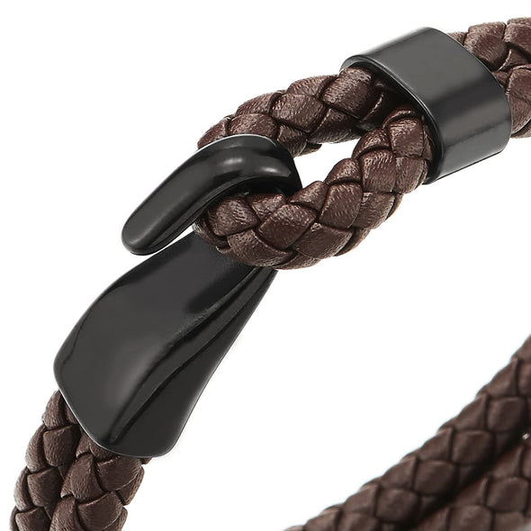 Mens Womens Two-Row Brown Braided Leather Bangle Bracelet Wristband with Black Steel Hook Clasp - COOLSTEELANDBEYOND Jewelry
