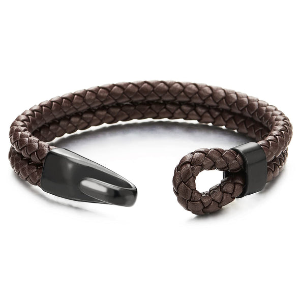 Mens Womens Two-Row Brown Braided Leather Bangle Bracelet Wristband with Black Steel Hook Clasp - COOLSTEELANDBEYOND Jewelry