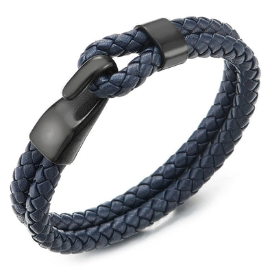 Mens Womens Two-Row Dark Blue Braided Leather Bangle Bracelet Wristband with Black Steel Hook Clasp - COOLSTEELANDBEYOND Jewelry