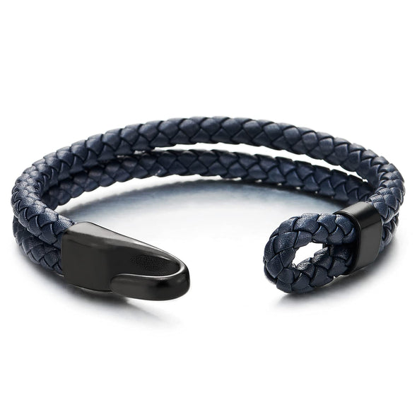 Mens Womens Two-Row Dark Blue Braided Leather Bangle Bracelet Wristband with Black Steel Hook Clasp - COOLSTEELANDBEYOND Jewelry