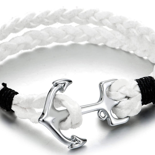 Mens Womens Two-Row White Braided Cotton Rope Wristband Bracelet with Marine Anchor Hook - COOLSTEELANDBEYOND Jewelry