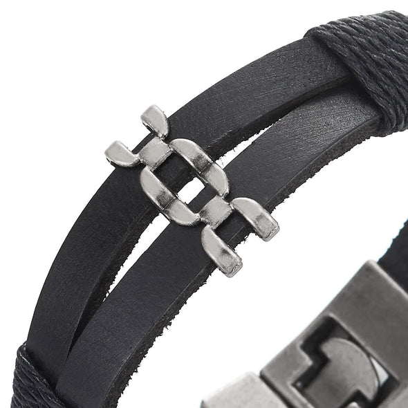 Mens Womens Two-strand Black Leather Bangle Bracelet with Charm and Cotton Rope Hook Buckle Clasp - COOLSTEELANDBEYOND Jewelry