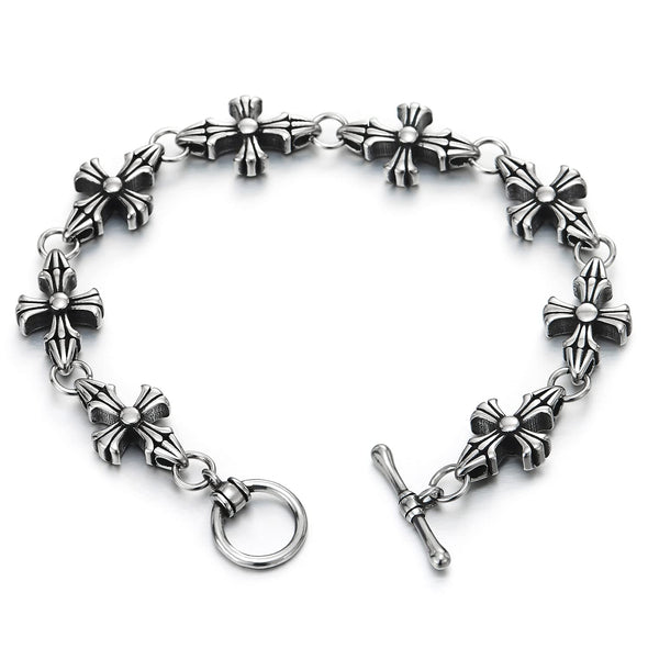 Mens Womens Vintage Retro Style Stainless Steel Grooved Cross Link Chain Bracelet with Toggle Clasp