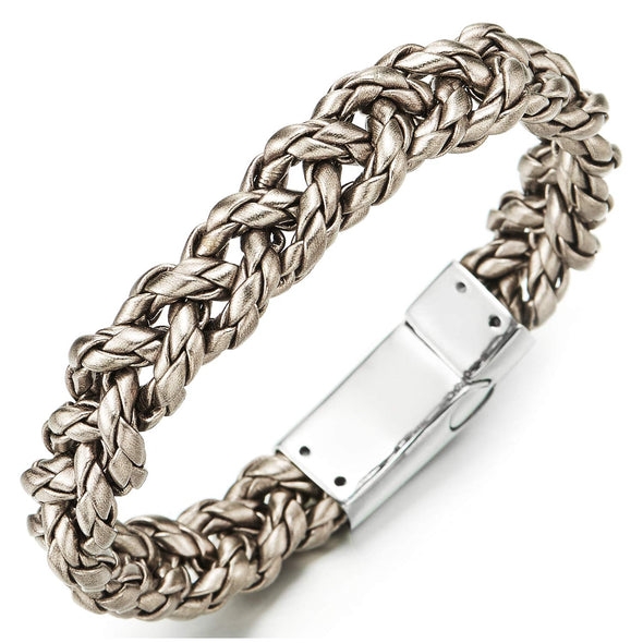 Metallic Grey Braided Leather Bracelet Bangle Mens Women Wristband with Steel Magnetic Clasp, Unique