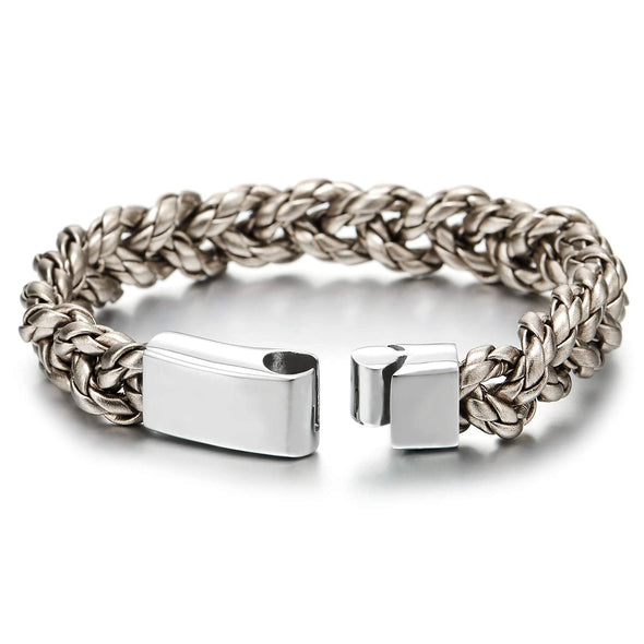 Metallic Grey Braided Leather Bracelet Bangle Mens Women Wristband with Steel Magnetic Clasp, Unique