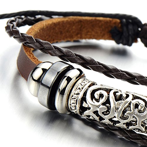Multi-strand Brown Leather Bracelet for Men Women Tribal Leather Wristband Wrap Bracelet - COOLSTEELANDBEYOND Jewelry