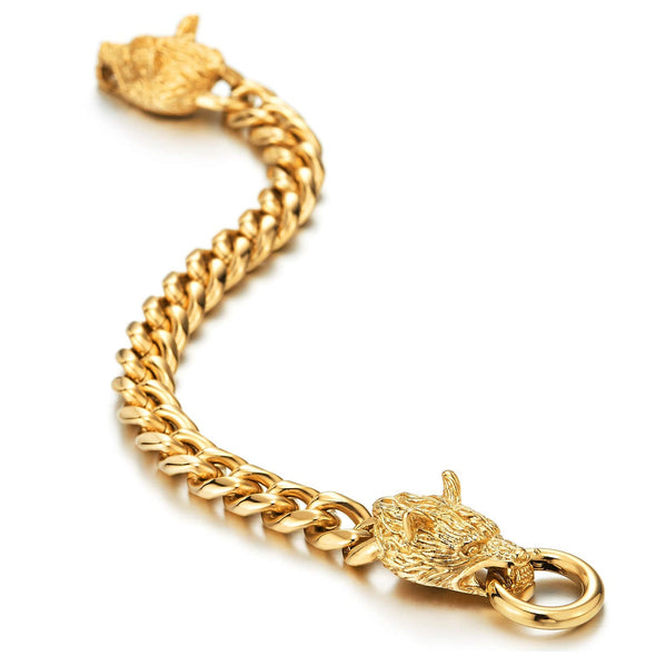 Punk Rock Mens Gold Color Steel Wolf Head Curb Chain Bracelet with Spring Ring Clasp, 8.5 Inches - COOLSTEELANDBEYOND Jewelry