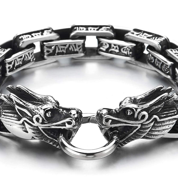 Retro Style Men Stainless Steel Dragon Sanskrit Letter Vintage Link Chain Bracelet Spring Ring Clasp - coolsteelandbeyond