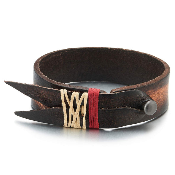 Retro Style Men Women Brown Leather Bracelet Bangle Wristband with Red White Cotton Rope, Hook Clasp - coolsteelandbeyond