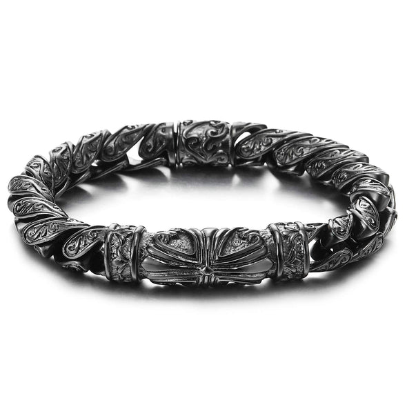 Retro Style Tribal, Mens Steel Cross Charm Vintage Link Chain Bracelet Spring Clasp, 8.7 Inches