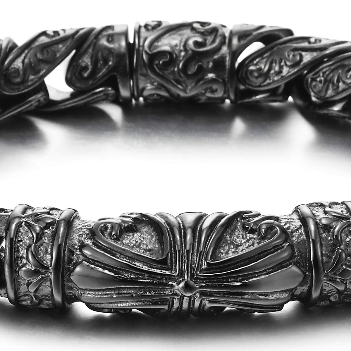 COOLSTEELANDBEYOND Men's Steel Tribal Tattoo ID Bracelet – Retro Curb Chain With Spring Clasp, Polished & Blackened Finish - View #11