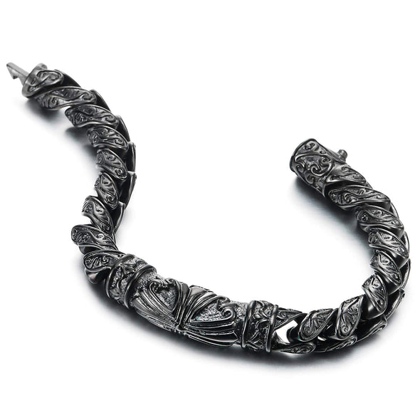 COOLSTEELANDBEYOND Men’s Stainless Steel Tribal Tattoo Curb Chain Bracelet – Bold Vintage Cross Design
