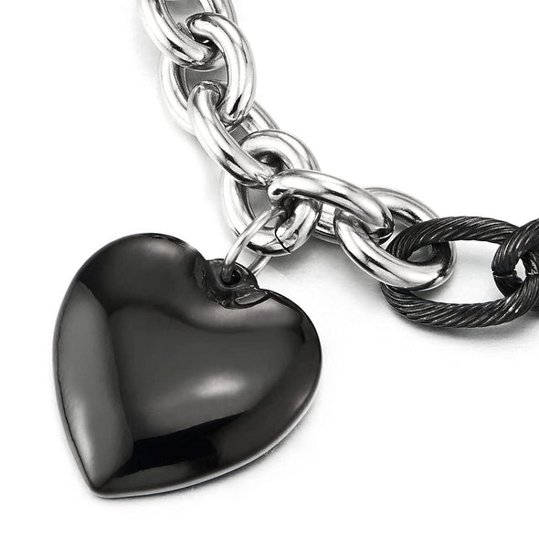 Silver Black Stainless Steel Rolo Chain Bracelet with Dangling Puff Heart, High Polished