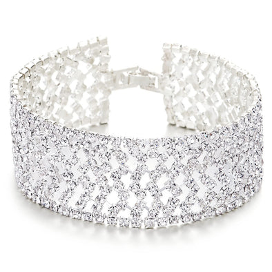 Sparkling Weaved Wavy Rhinestones Pave Cluster Wide Bangle Bracelet - COOLSTEELANDBEYOND Jewelry