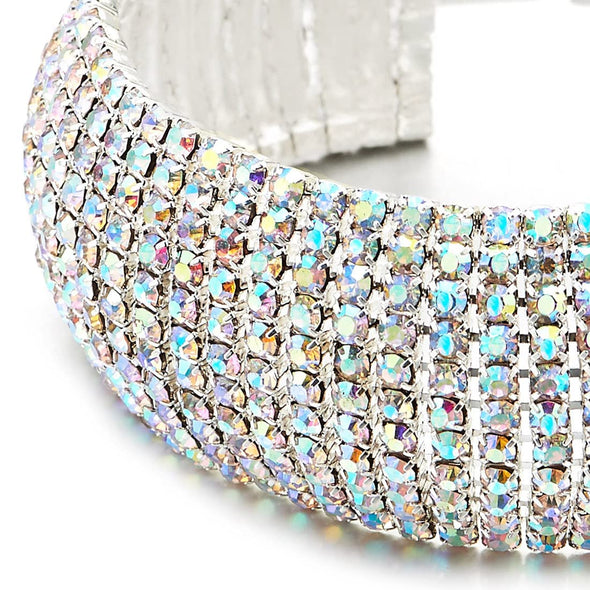 Sparkling Womens Crystal Rhinestones Cluster Wide Bangle Bracelet, Necklace, Luxury - COOLSTEELANDBEYOND Jewelry