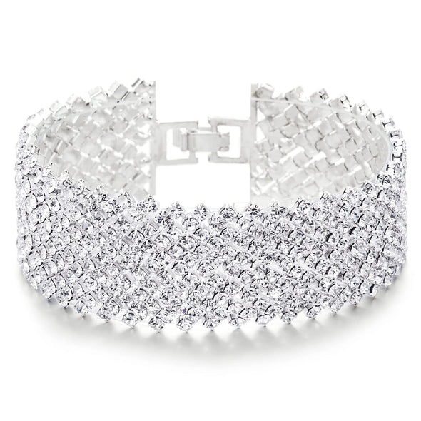 Sparkling Womens Rhinestones Pave Cluster Wide Bangle Bracelet, Bling Bling - COOLSTEELANDBEYOND Jewelry
