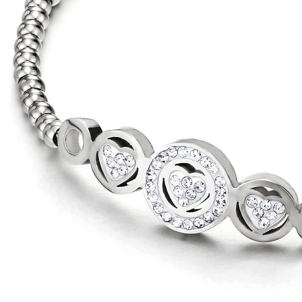 Stainless Steel Beads Bracelet with Cubic Zirconia Circle Heart Charm Adjustable - COOLSTEELANDBEYOND Jewelry
