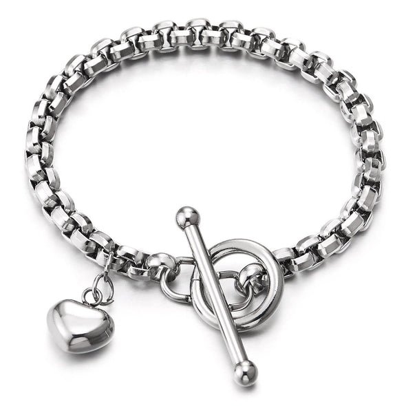 Stainless Steel Ladies Rolo Chain Link Chain Bracelet Polished with Dangling Puff Heart Toggle Clasp