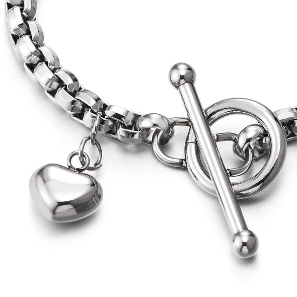 Stainless Steel Ladies Rolo Chain Link Chain Bracelet Polished with Dangling Puff Heart Toggle Clasp