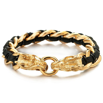 Gold-Tone Stainless Steel Dragon Bracelet for Men, Black Leather Strap, Ideal for Fashion-Forward Style, Casual or Special Occasions