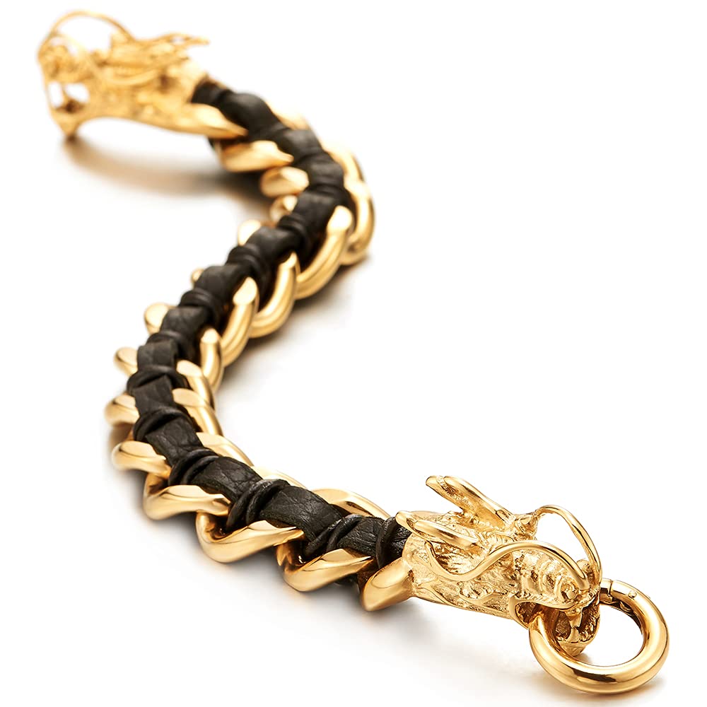 Gold-Tone Stainless Steel Dragon Bracelet for Men, Black Leather