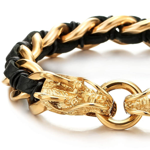 Gold-Tone Stainless Steel Dragon Bracelet for Men, Black Leather Strap, Ideal for Fashion-Forward Style, Casual or Special Occasions - COOLSTEELANDBEYOND Jewelry